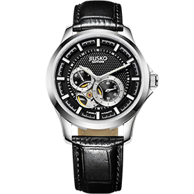 Jiusko Men's 28 Jewel Automatic 24 Hr Exhibition Caseback Skeleton Black Leather Business Dress Watch